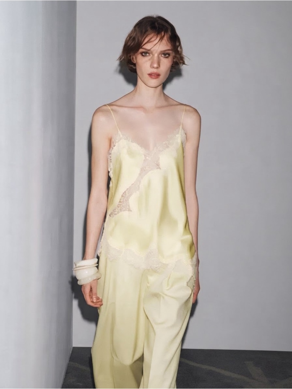 Zara ZW Collection Lace Camisole Asymmetric Top Yellow Sz M NWT